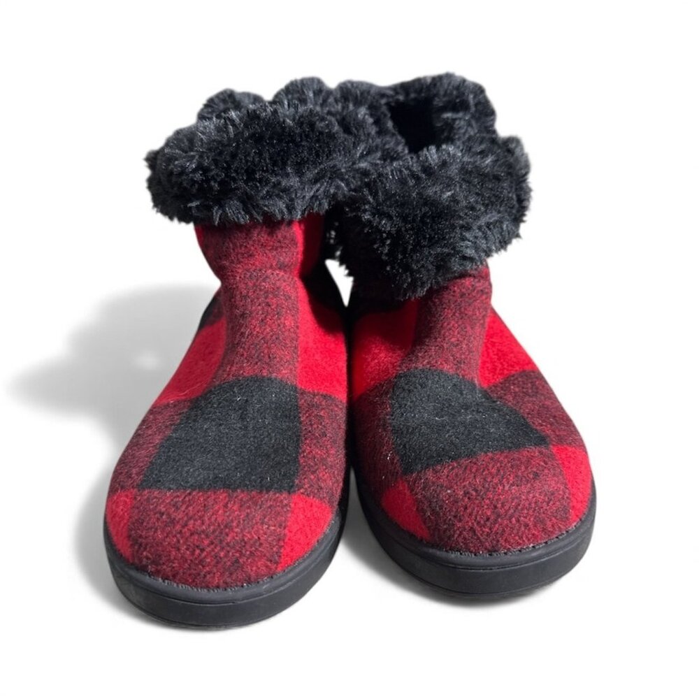 Red & Black Fleece-Lined Slippers Women’s Size 7.5 Cozy Indoor House Shoes